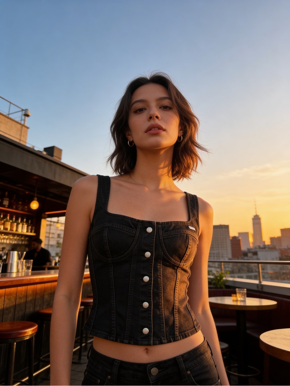 STAUD Black Denim Corset Top- XS